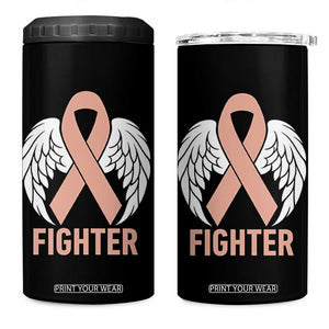 Endometrial Cancer Fighter 4 in 1 Can Cooler Tumbler Peach Ribbon Angel Wings Survivor