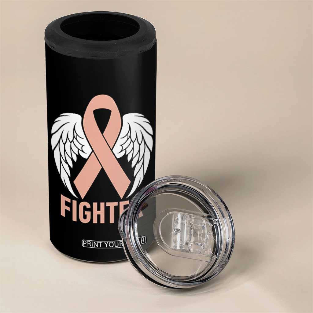 Endometrial Cancer Fighter 4 in 1 Can Cooler Tumbler Peach Ribbon Angel Wings Survivor