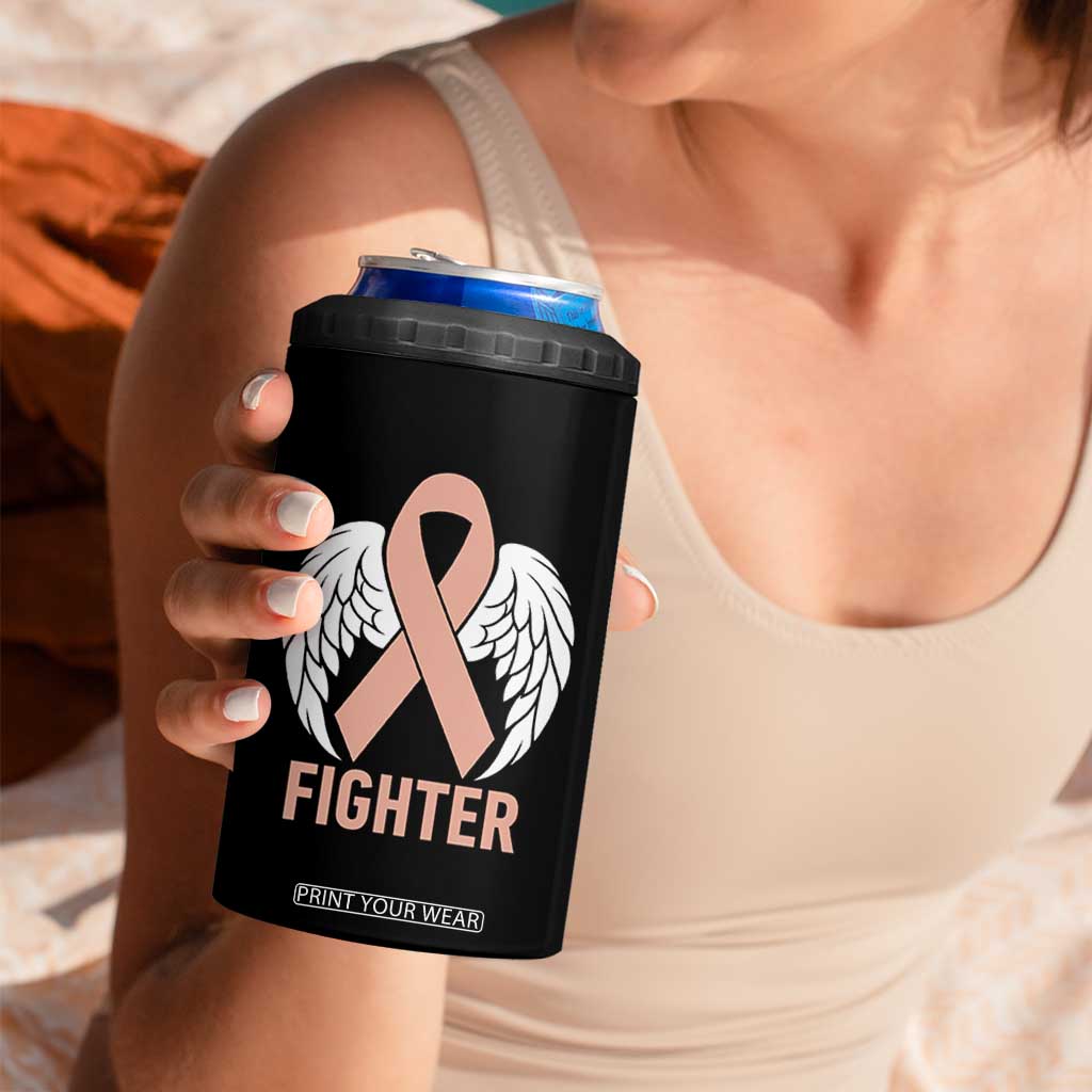 Endometrial Cancer Fighter 4 in 1 Can Cooler Tumbler Peach Ribbon Angel Wings Survivor