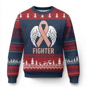 Endometrial Cancer Fighter Ugly Christmas Sweater Peach Ribbon Angel Wings Survivor