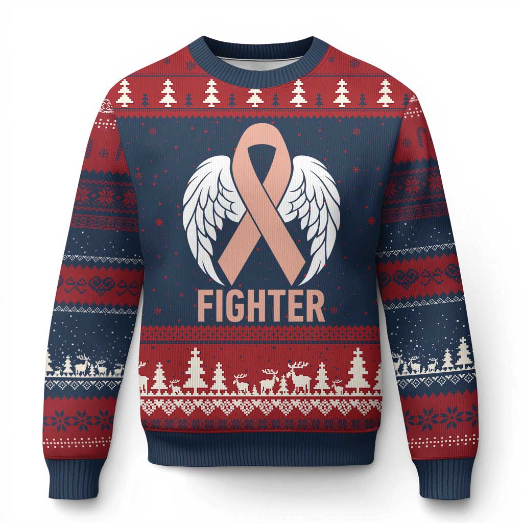Endometrial Cancer Fighter Ugly Christmas Sweater Peach Ribbon Angel Wings Survivor TS12 Navy Red Print Your Wear