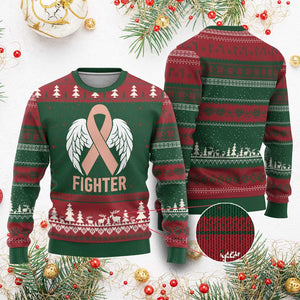 Endometrial Cancer Fighter Ugly Christmas Sweater Peach Ribbon Angel Wings Survivor