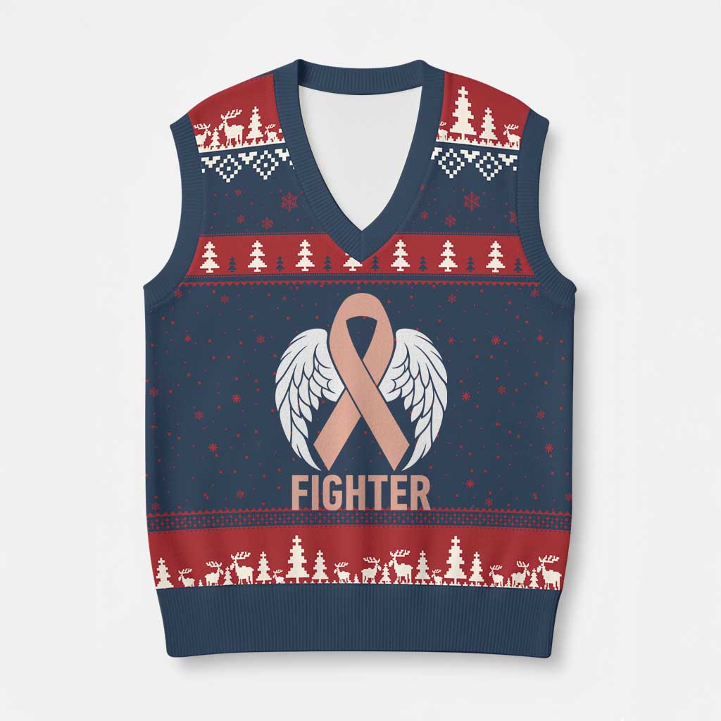 Endometrial Cancer Fighter V-Neck Knit Sweater Vest Peach Ribbon Angel Wings Survivor TS12 Navy Red Print Your Wear