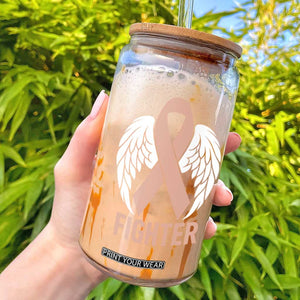 Endometrial Cancer Fighter Glass Can Peach Ribbon Angel Wings Survivor