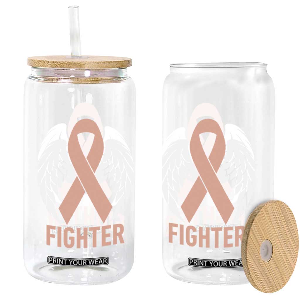 Endometrial Cancer Fighter Glass Can Peach Ribbon Angel Wings Survivor