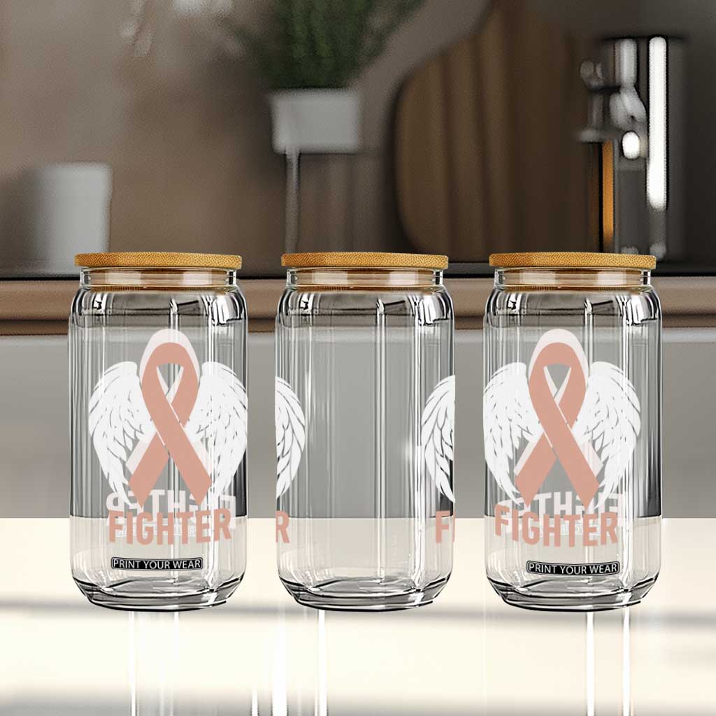 Endometrial Cancer Fighter Glass Can Peach Ribbon Angel Wings Survivor