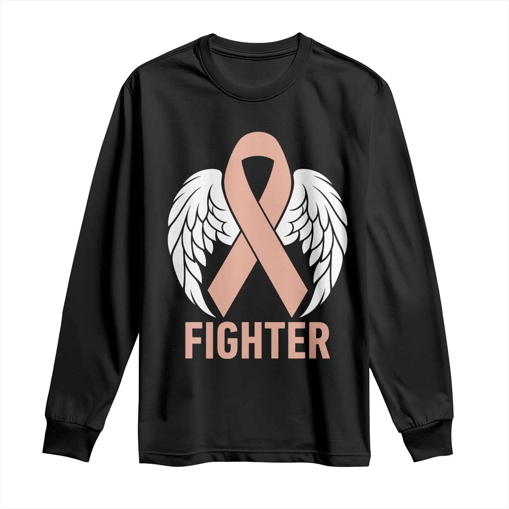 Endometrial Cancer Fighter Long Sleeve Shirt Peach Ribbon Angel Wings Survivor