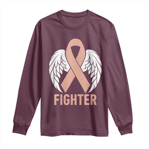 Endometrial Cancer Fighter Long Sleeve Shirt Peach Ribbon Angel Wings Survivor