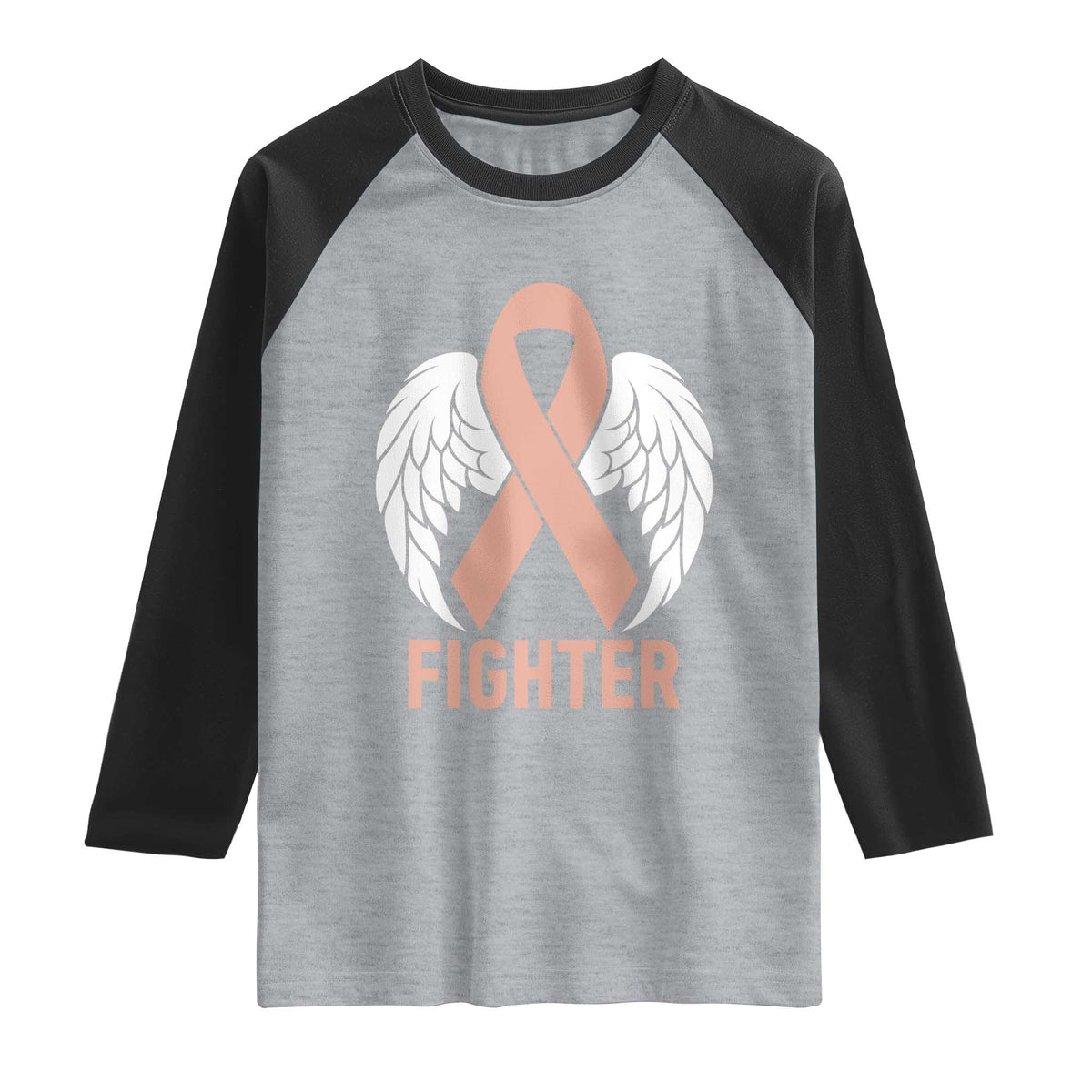 Endometrial Cancer Fighter Raglan Shirt Peach Ribbon Angel Wings Survivor