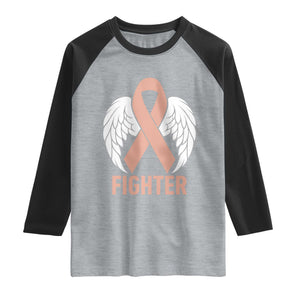 Endometrial Cancer Fighter Raglan Shirt Peach Ribbon Angel Wings Survivor