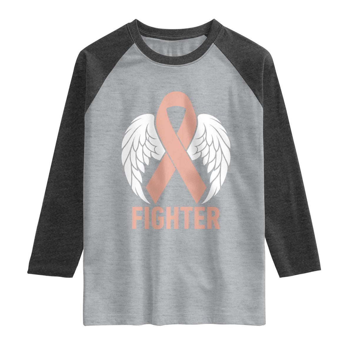 Endometrial Cancer Fighter Raglan Shirt Peach Ribbon Angel Wings Survivor