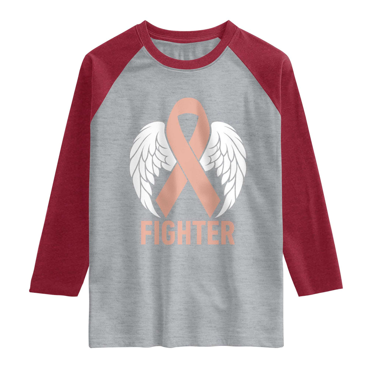 Endometrial Cancer Fighter Raglan Shirt Peach Ribbon Angel Wings Survivor