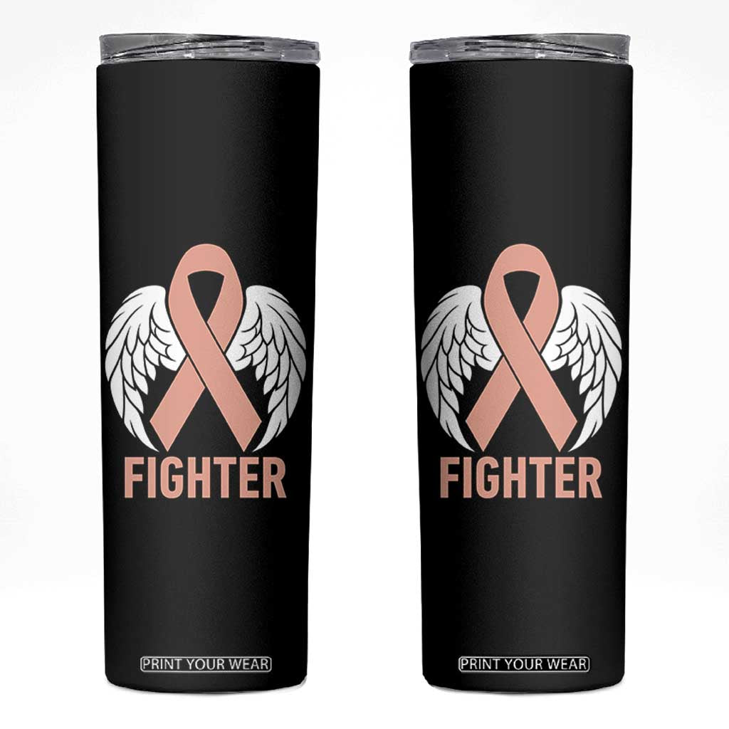 Endometrial Cancer Fighter Skinny Tumbler Peach Ribbon Angel Wings Survivor
