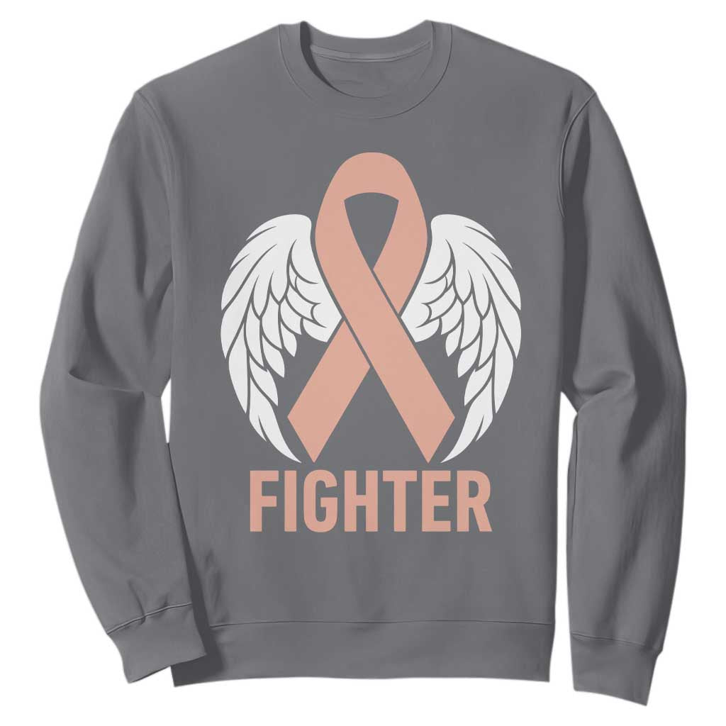 Endometrial Cancer Fighter Sweatshirt Peach Ribbon Angel Wings Survivor