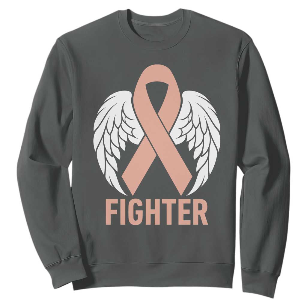 Endometrial Cancer Fighter Sweatshirt Peach Ribbon Angel Wings Survivor