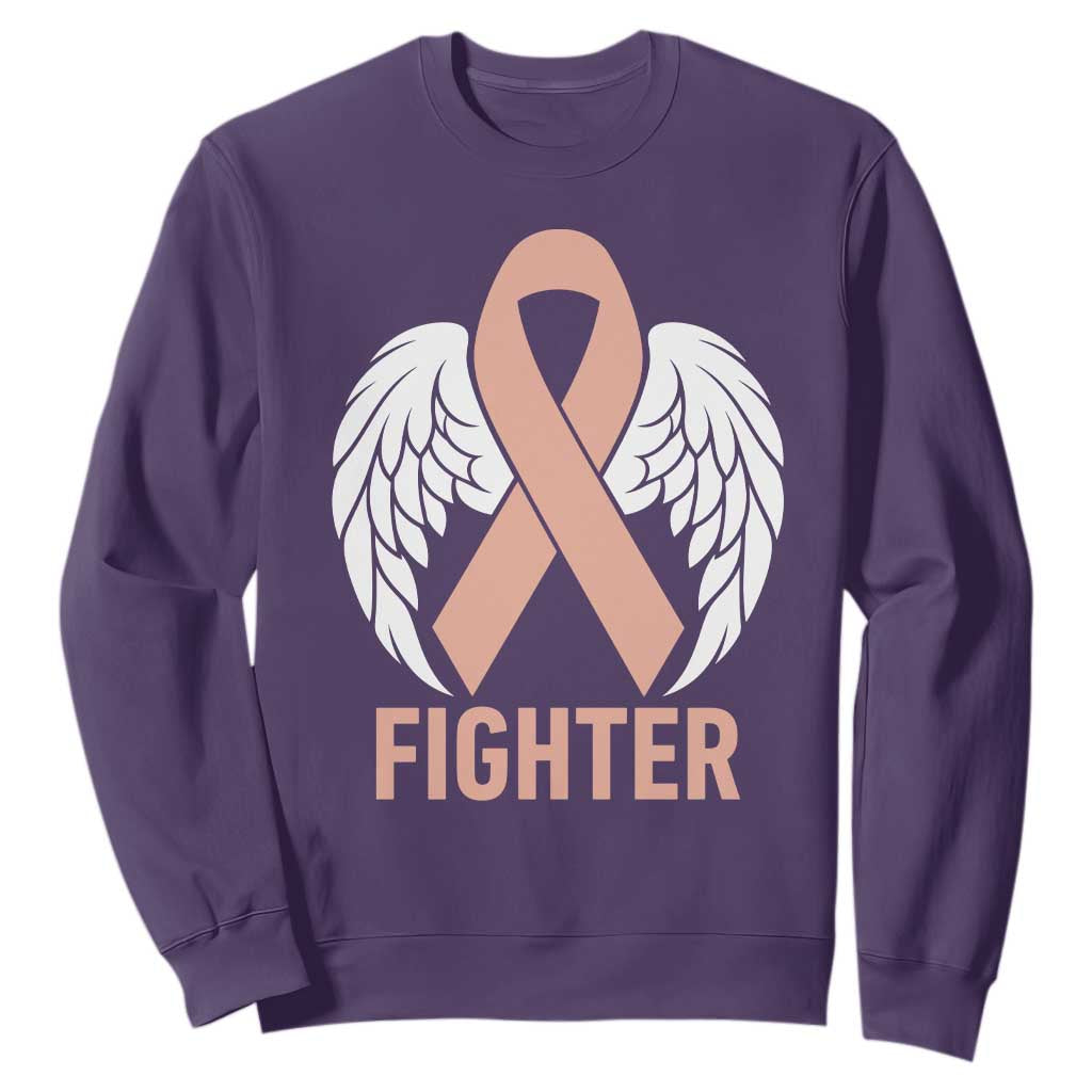 Endometrial Cancer Fighter Sweatshirt Peach Ribbon Angel Wings Survivor