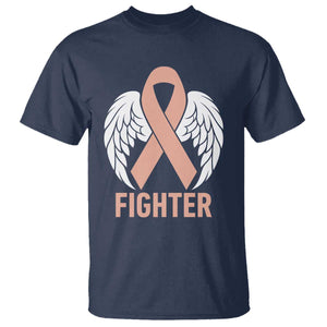 Endometrial Cancer Fighter T Shirt Peach Ribbon Angel Wings Survivor
