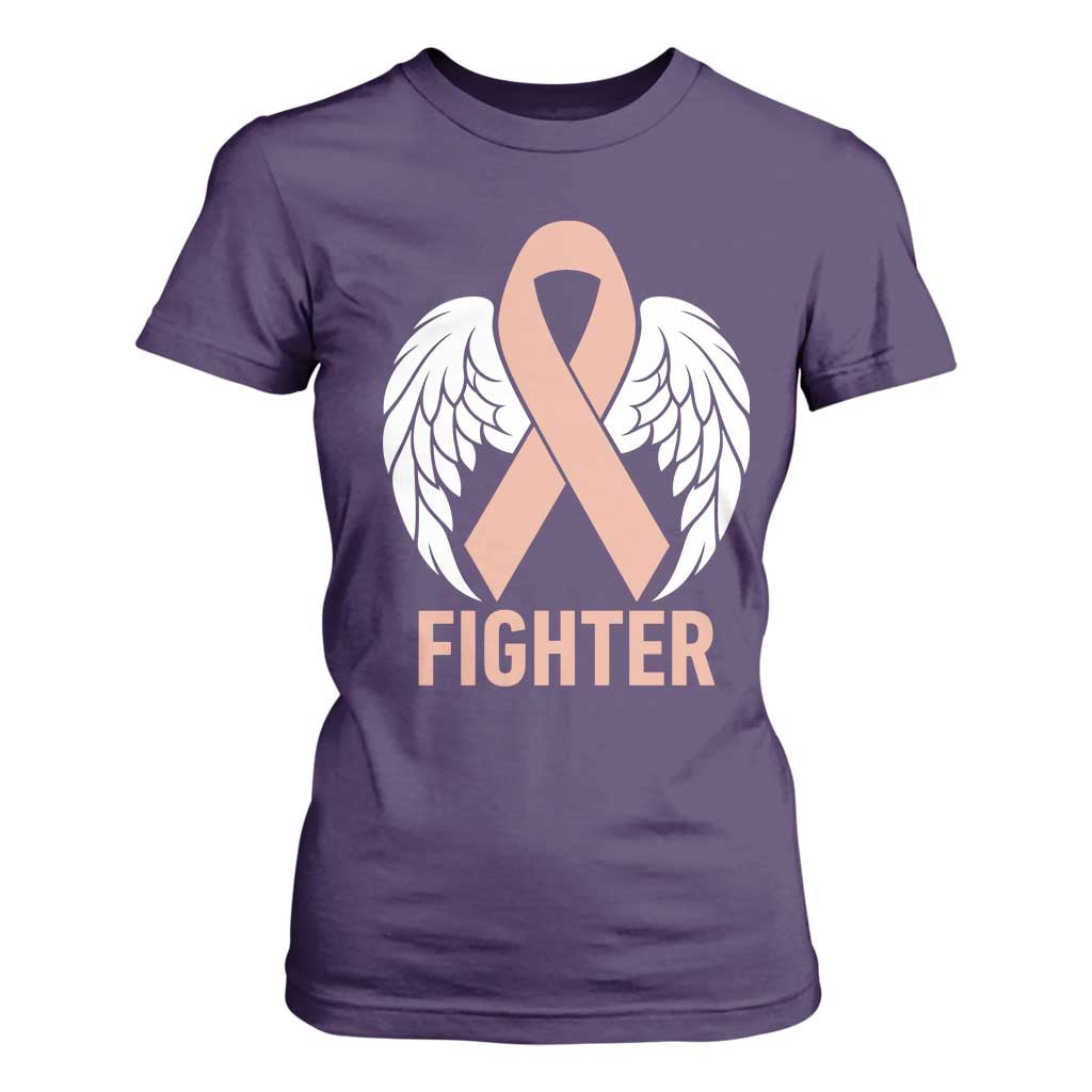 Endometrial Cancer Fighter T Shirt For Women Peach Ribbon Angel Wings Survivor