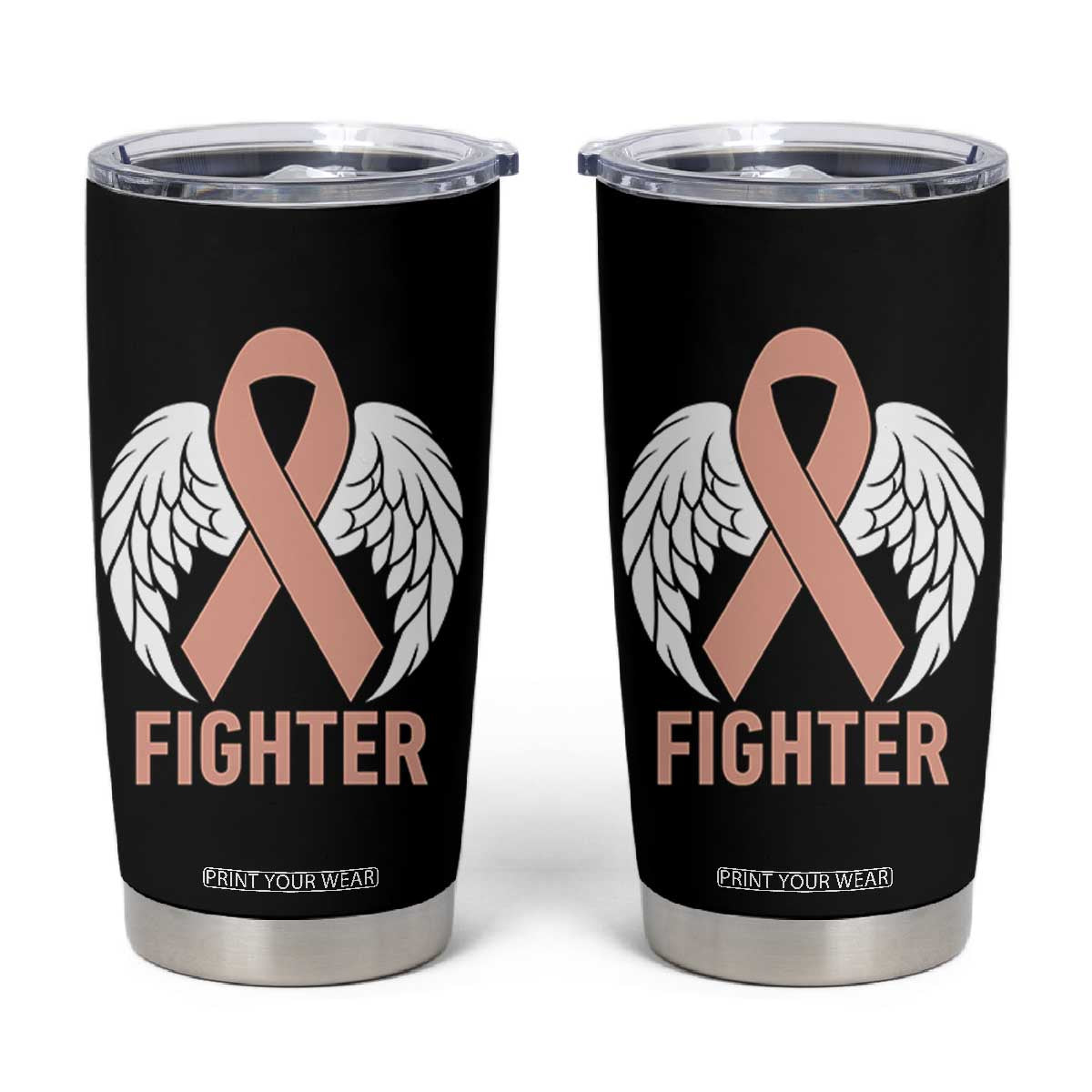 Endometrial Cancer Fighter Tumbler Cup Peach Ribbon Angel Wings Survivor