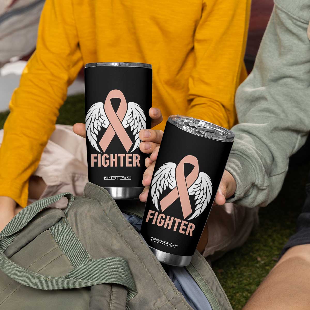 Endometrial Cancer Fighter Tumbler Cup Peach Ribbon Angel Wings Survivor