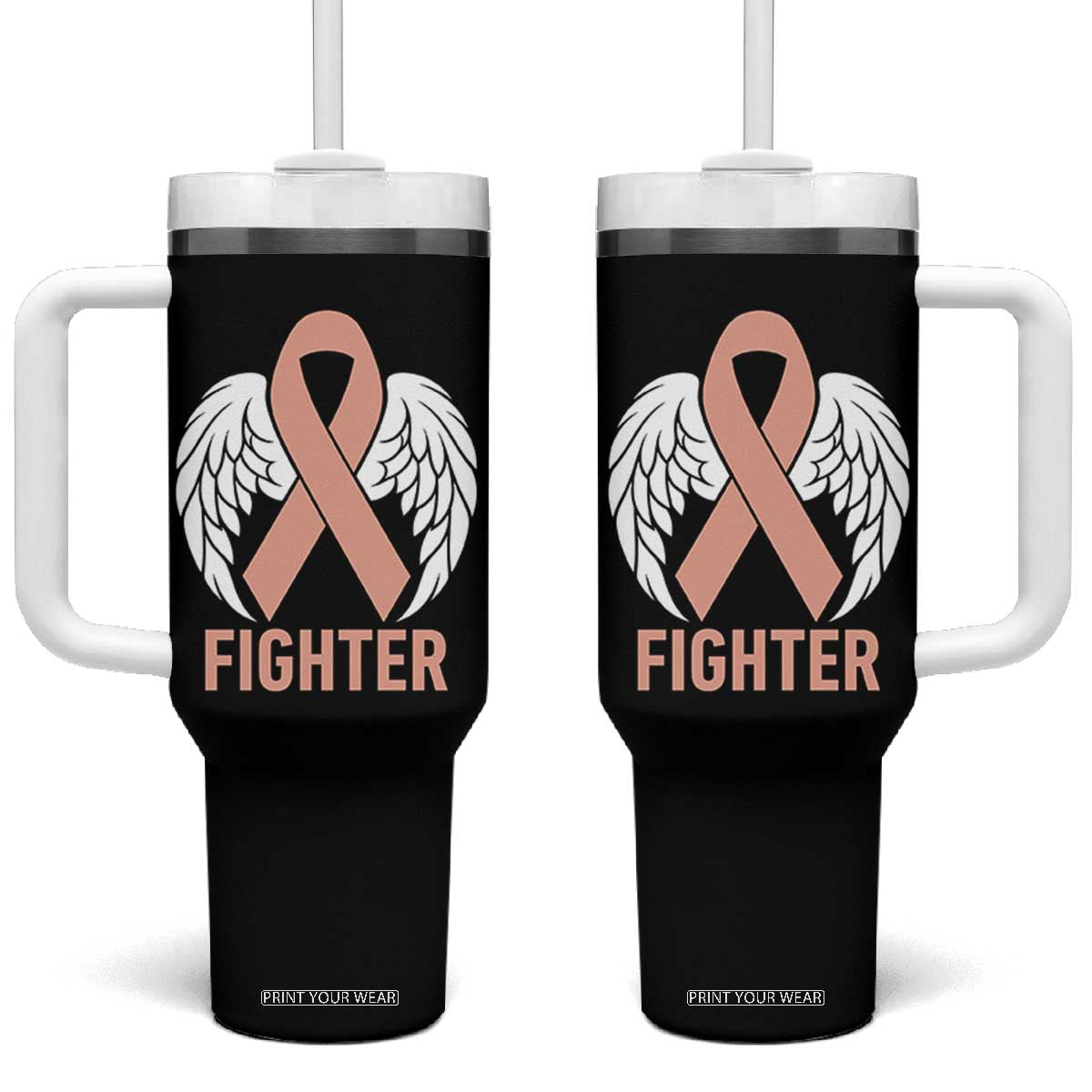 Endometrial Cancer Fighter Tumbler With Handle Peach Ribbon Angel Wings Survivor