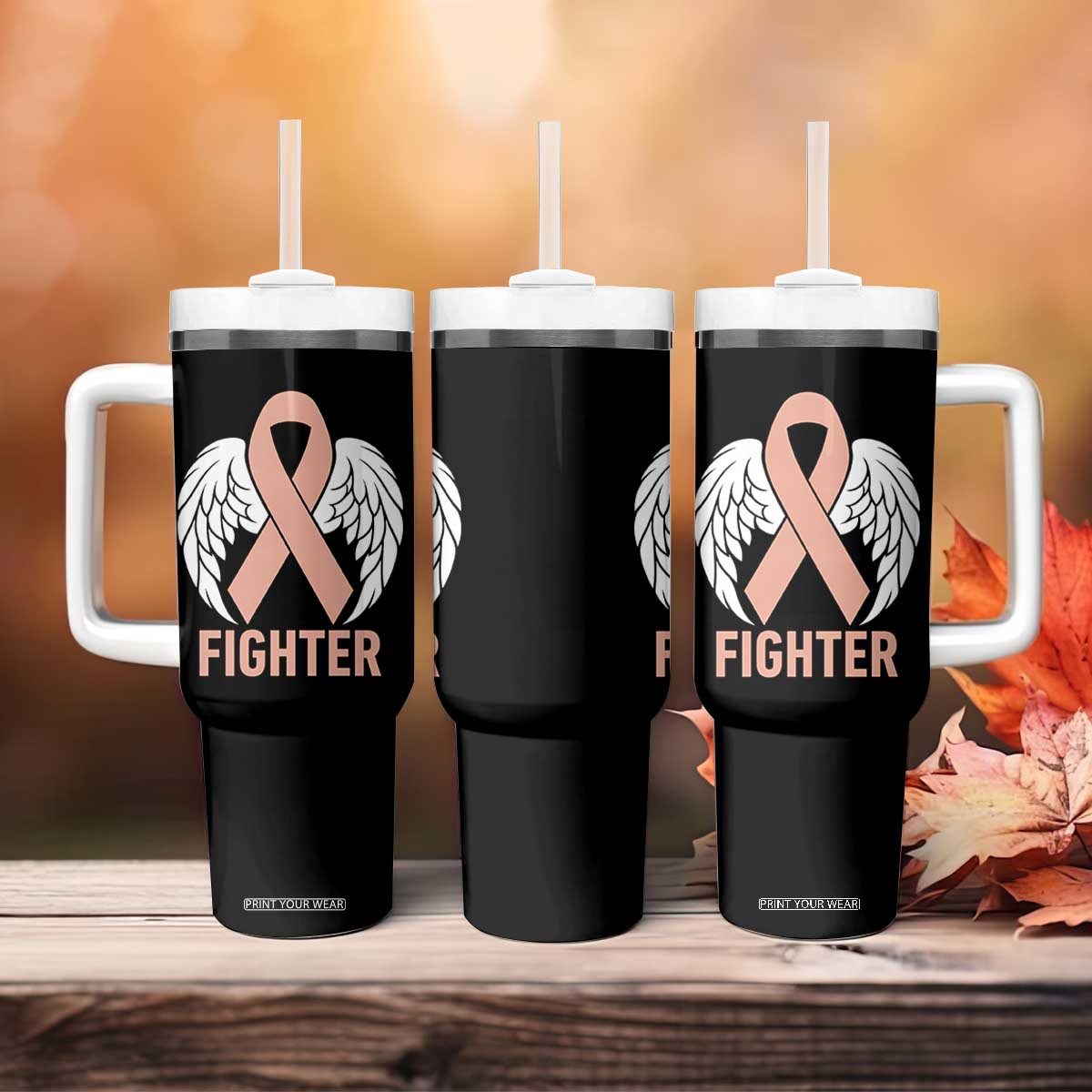 Endometrial Cancer Fighter Tumbler With Handle Peach Ribbon Angel Wings Survivor