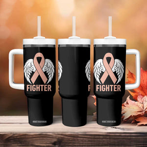 Endometrial Cancer Fighter Tumbler With Handle Peach Ribbon Angel Wings Survivor