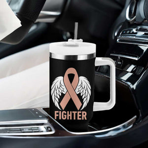 Endometrial Cancer Fighter Tumbler With Handle Peach Ribbon Angel Wings Survivor