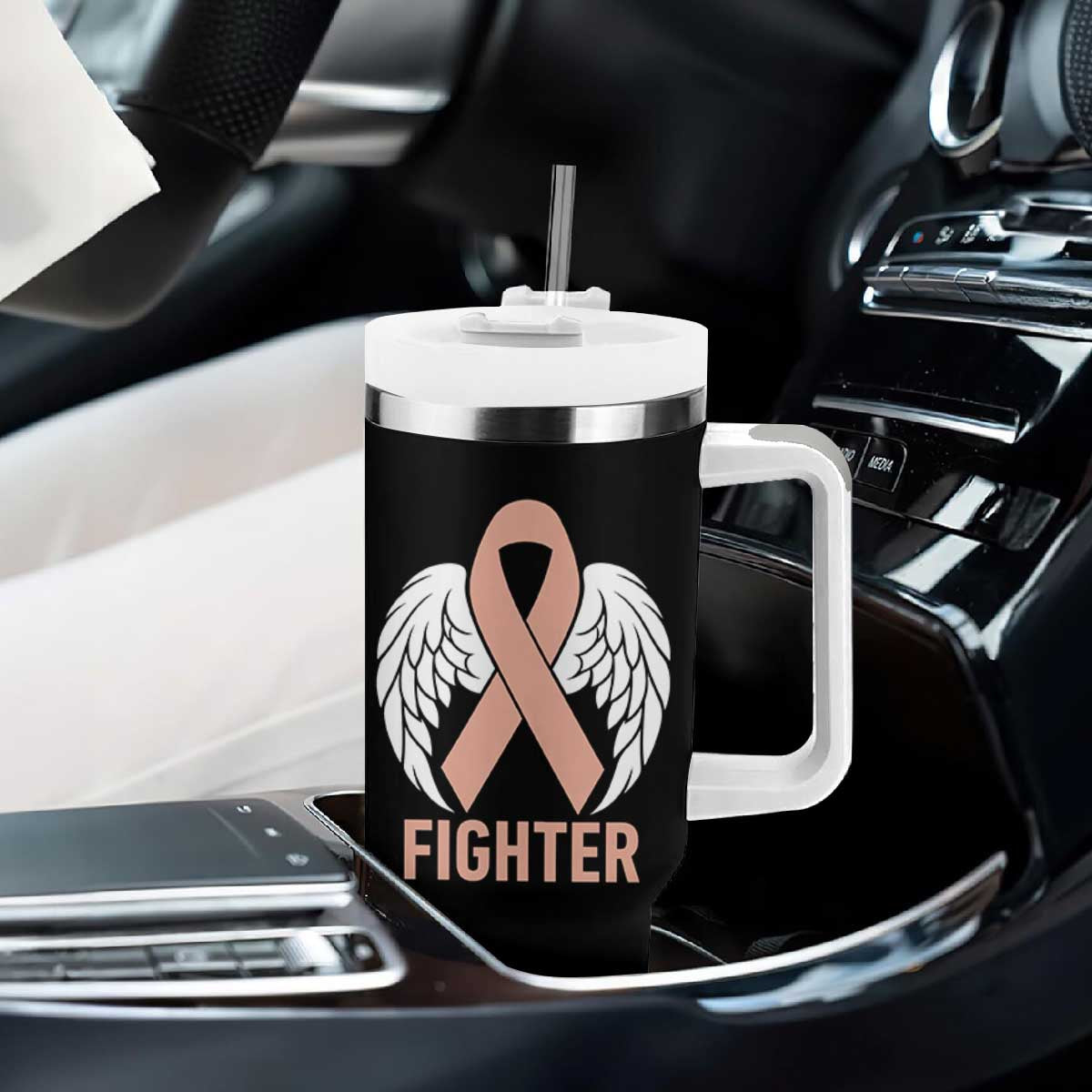 Endometrial Cancer Fighter Tumbler With Handle Peach Ribbon Angel Wings Survivor