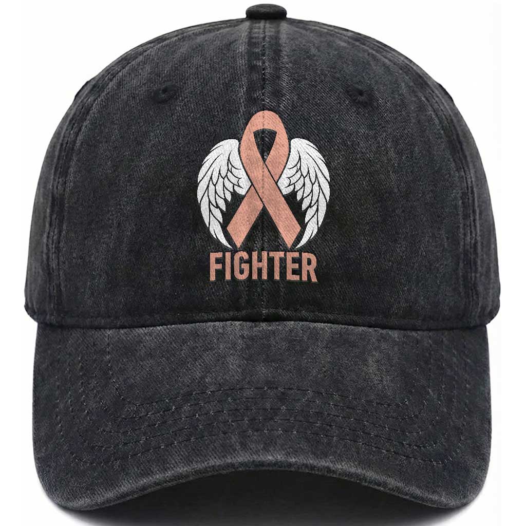 Endometrial Cancer Fighter Washed Cotton Baseball Cap Peach Ribbon Angel Wings Survivor