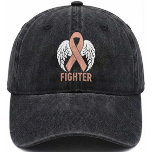 Endometrial Cancer Fighter Washed Cotton Baseball Cap Peach Ribbon Angel Wings Survivor