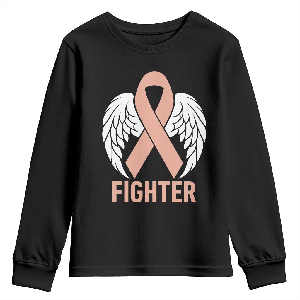 Endometrial Cancer Fighter Youth Sweatshirt Peach Ribbon Angel Wings Survivor TS12 Black Print Your Wear