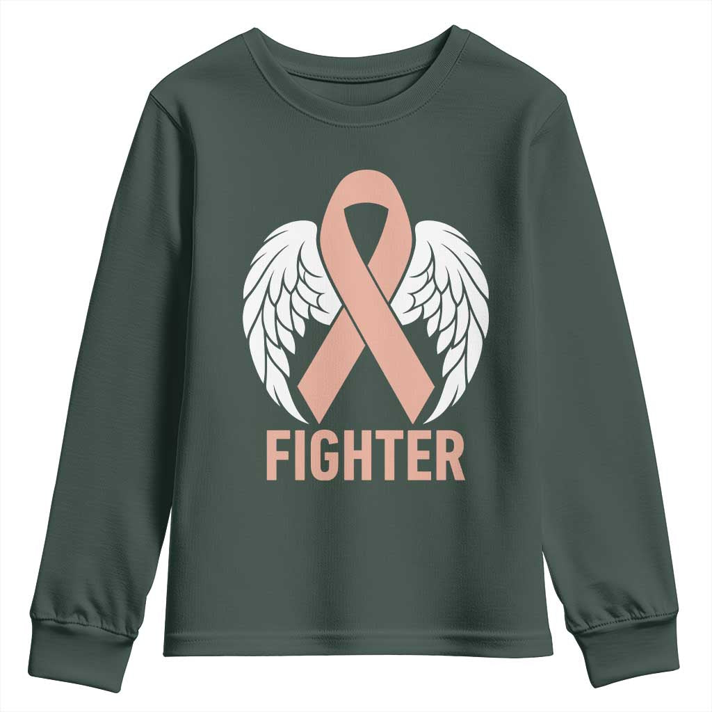 Endometrial Cancer Fighter Youth Sweatshirt Peach Ribbon Angel Wings Survivor