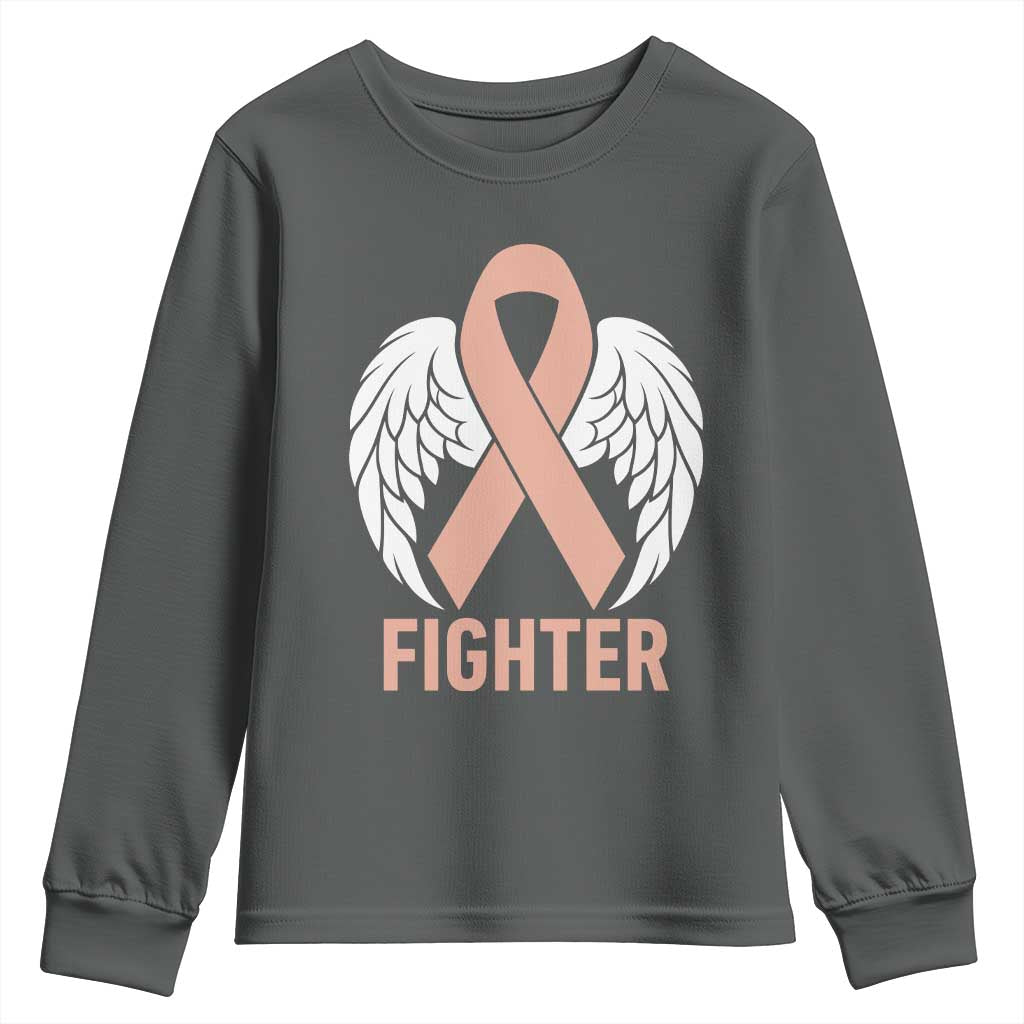 Endometrial Cancer Fighter Youth Sweatshirt Peach Ribbon Angel Wings Survivor