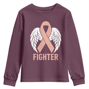 Endometrial Cancer Fighter Youth Sweatshirt Peach Ribbon Angel Wings Survivor