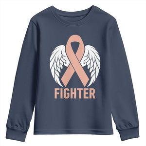 Endometrial Cancer Fighter Youth Sweatshirt Peach Ribbon Angel Wings Survivor