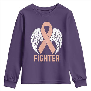 Endometrial Cancer Fighter Youth Sweatshirt Peach Ribbon Angel Wings Survivor