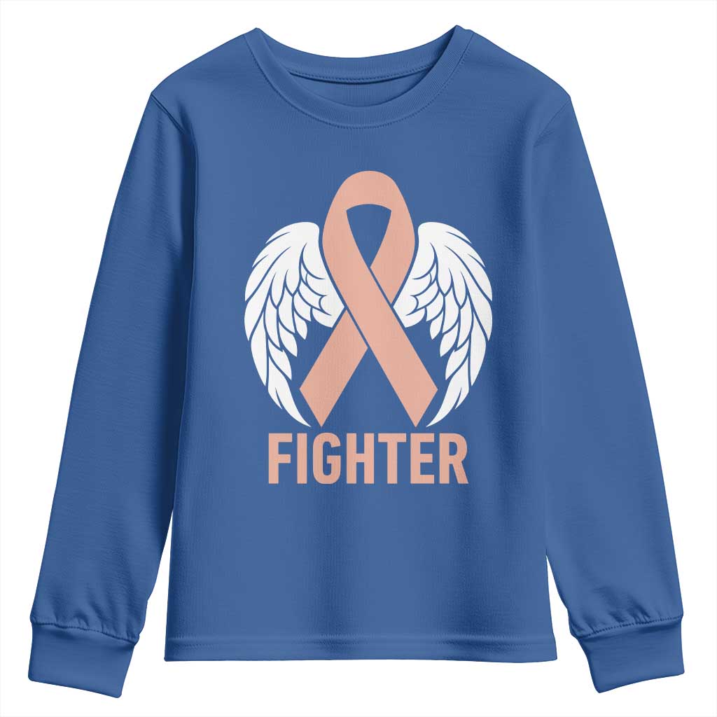 Endometrial Cancer Fighter Youth Sweatshirt Peach Ribbon Angel Wings Survivor