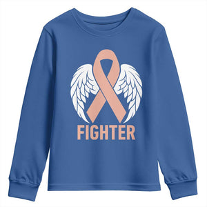 Endometrial Cancer Fighter Youth Sweatshirt Peach Ribbon Angel Wings Survivor