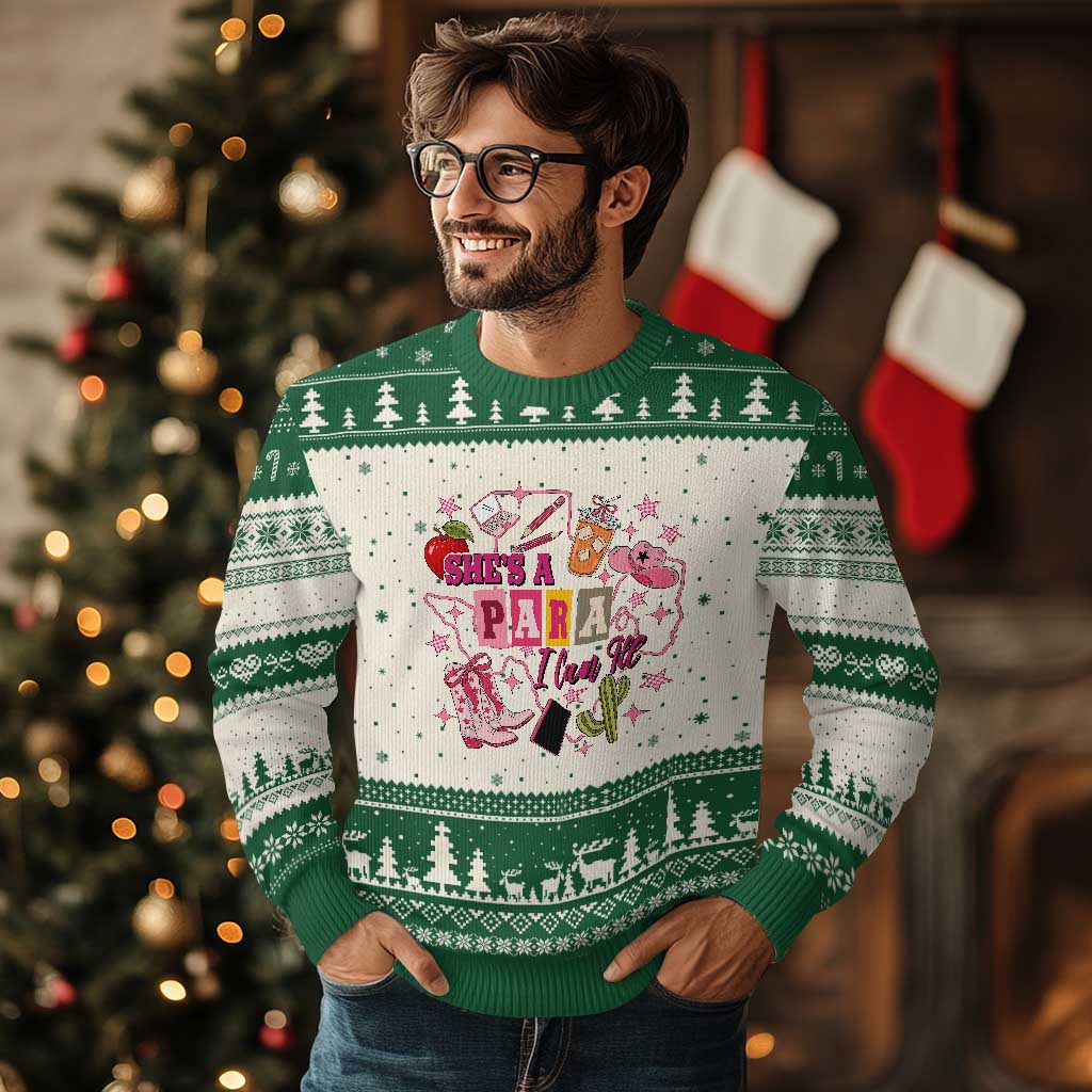 Funny Western Teacher Aide Graphic Ugly Christmas Sweater She's A Para I Can Tell