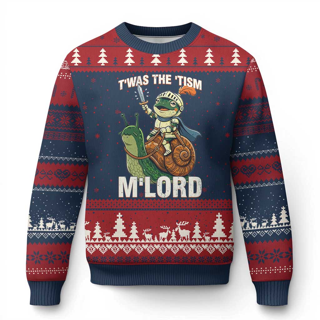 Funny Medieval Knight Frog Meme With Sword Ugly Christmas Sweater Twas The Tism MLord TS12 Navy Red Print Your Wear