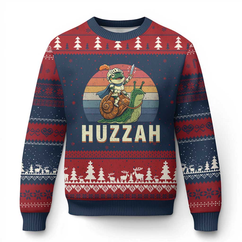 Funny Huzzah Frog Meme Ugly Christmas Sweater Medieval Knight With Sword Graphic TS12 Navy Red Print Your Wear