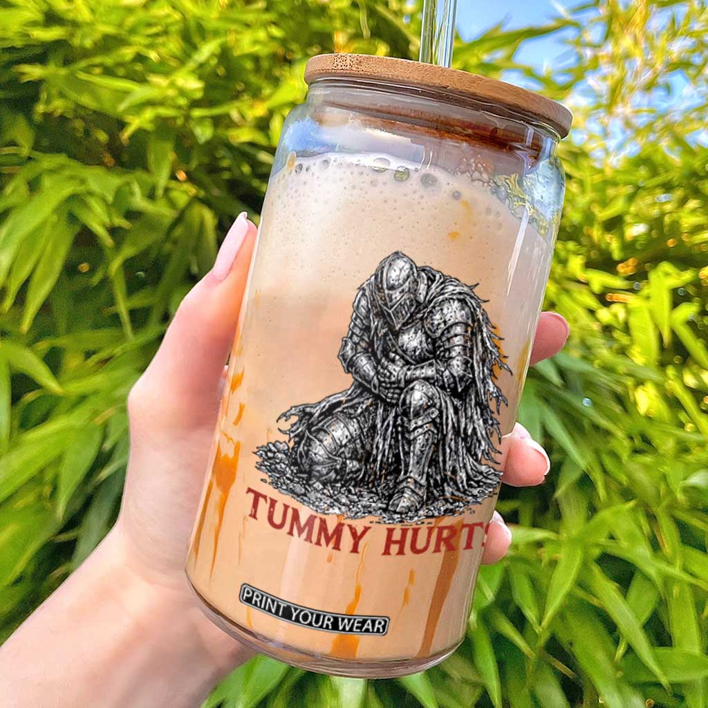 Funny Tummy Hurts Medieval Knight Glass Can Dark Fantasy Warrior Meme Graphic