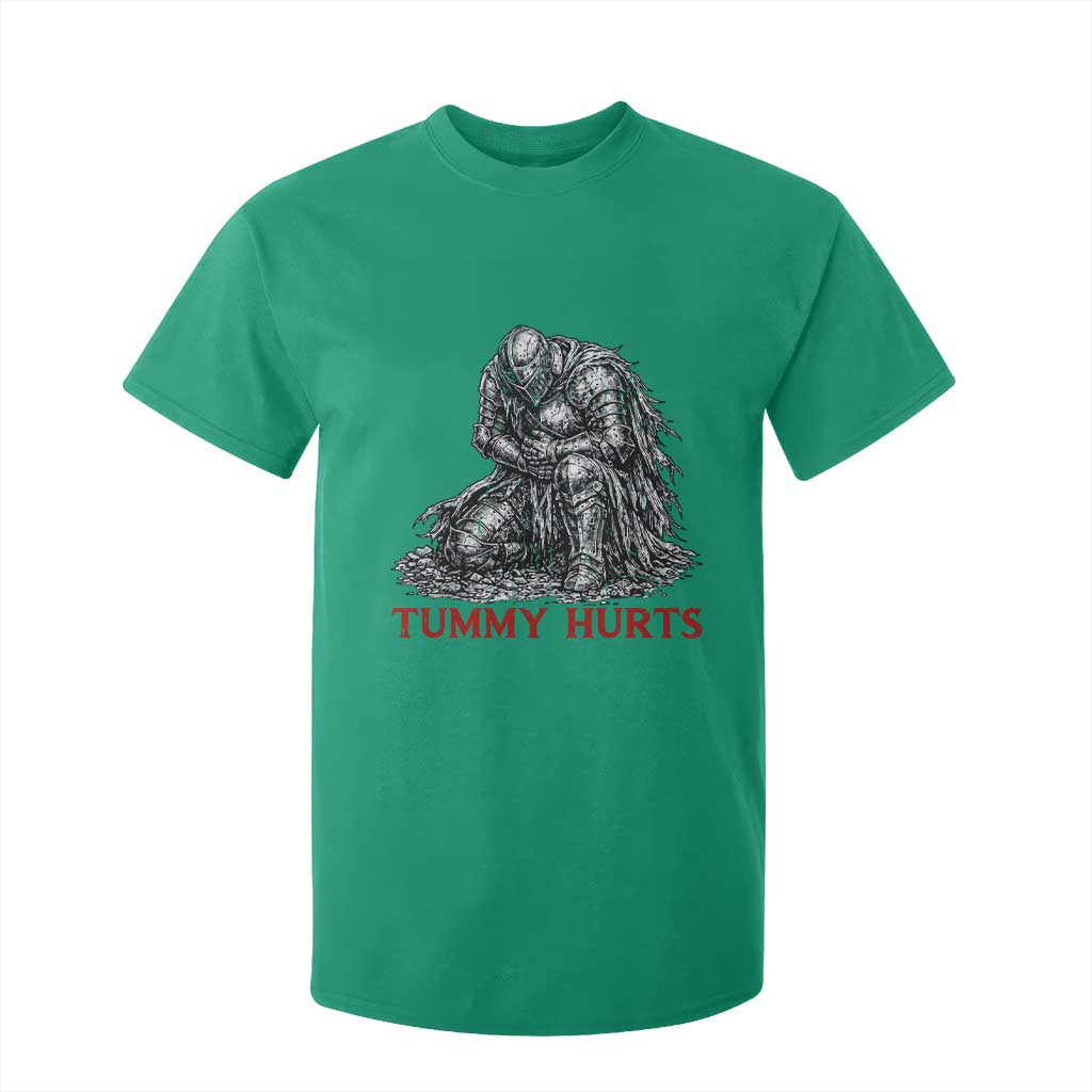 Funny Tummy Hurts Medieval Knight T Shirt For Kid Dark Fantasy Warrior Meme Graphic