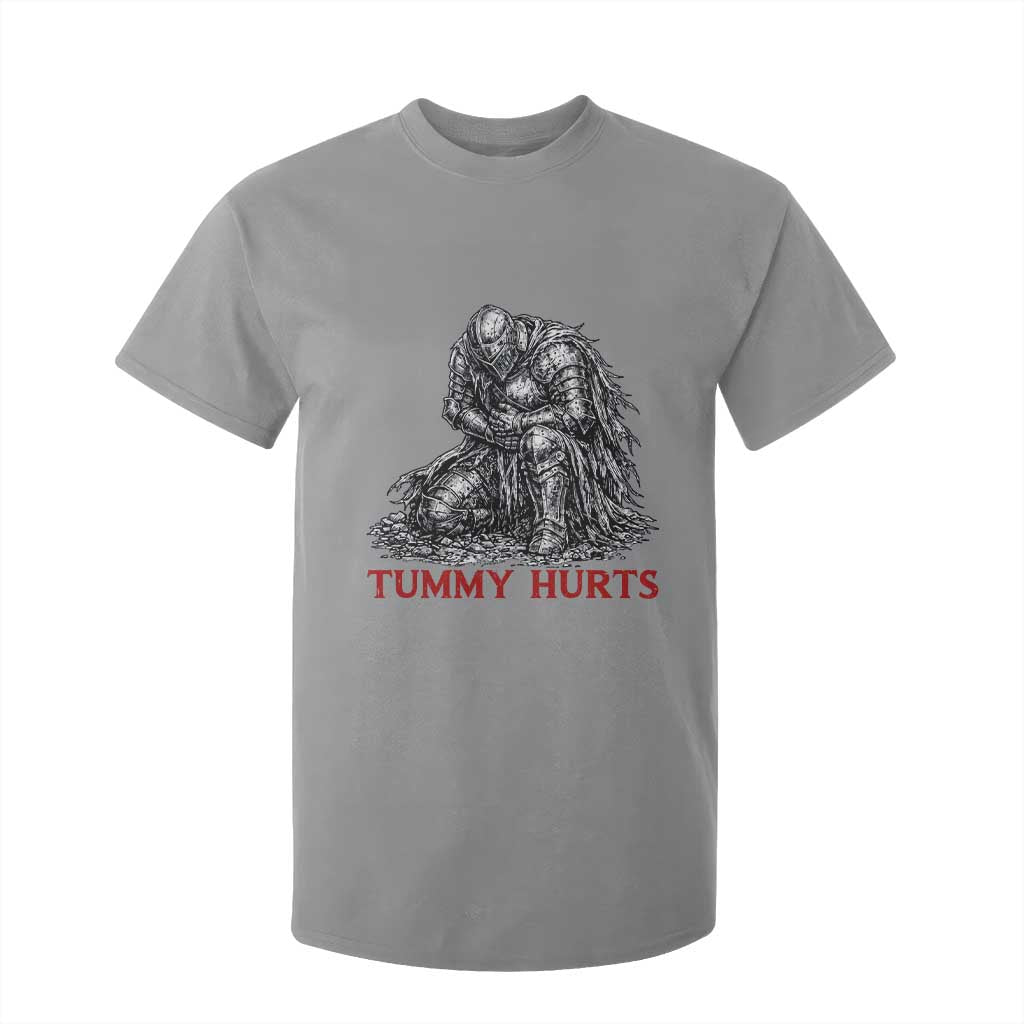 Funny Tummy Hurts Medieval Knight T Shirt For Kid Dark Fantasy Warrior Meme Graphic