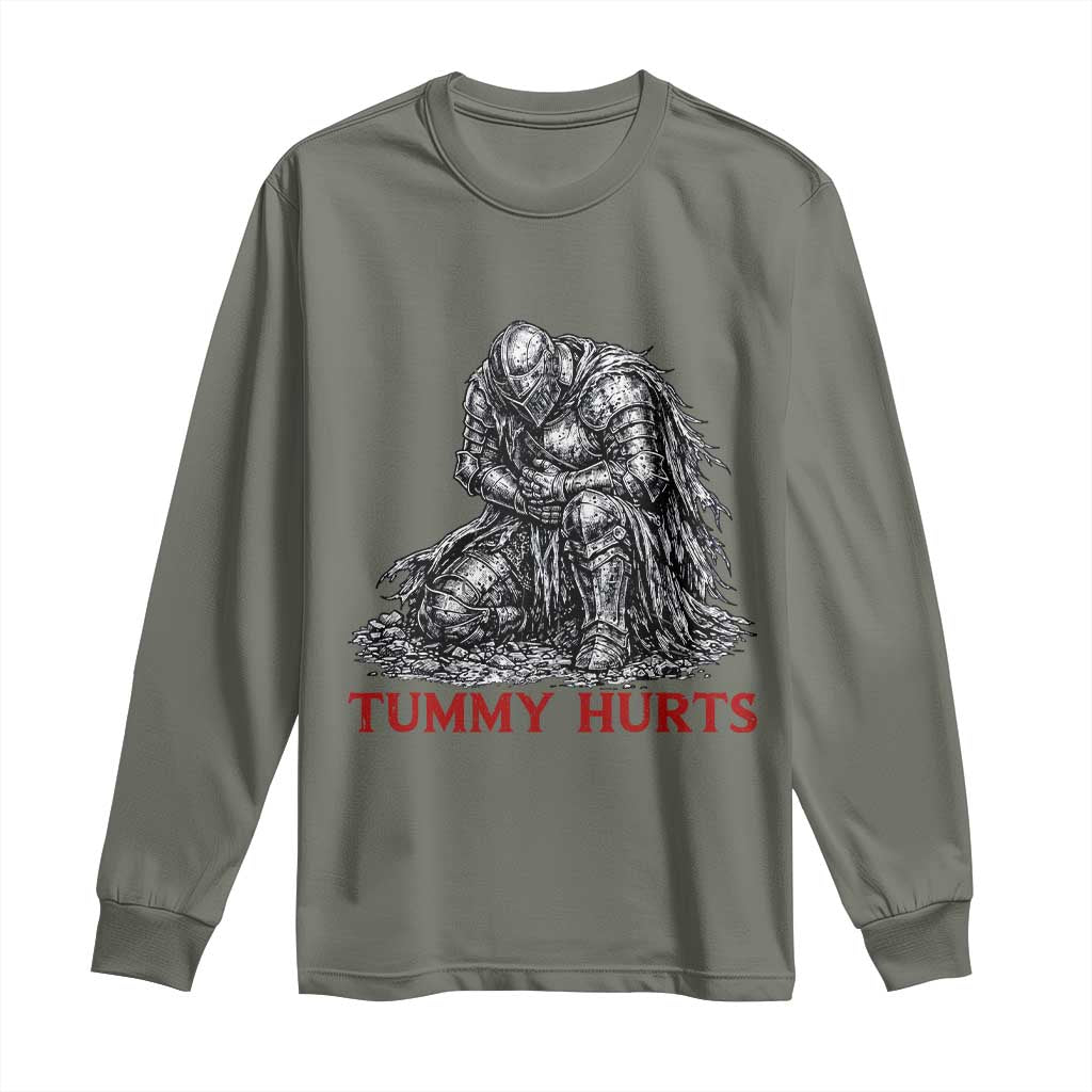 Funny Tummy Hurts Medieval Knight Long Sleeve Shirt Dark Fantasy Warrior Meme Graphic