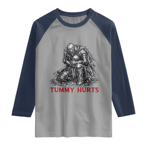 Funny Tummy Hurts Medieval Knight Raglan Shirt Dark Fantasy Warrior Meme Graphic