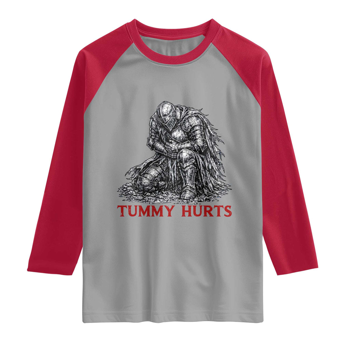 Funny Tummy Hurts Medieval Knight Raglan Shirt Dark Fantasy Warrior Meme Graphic