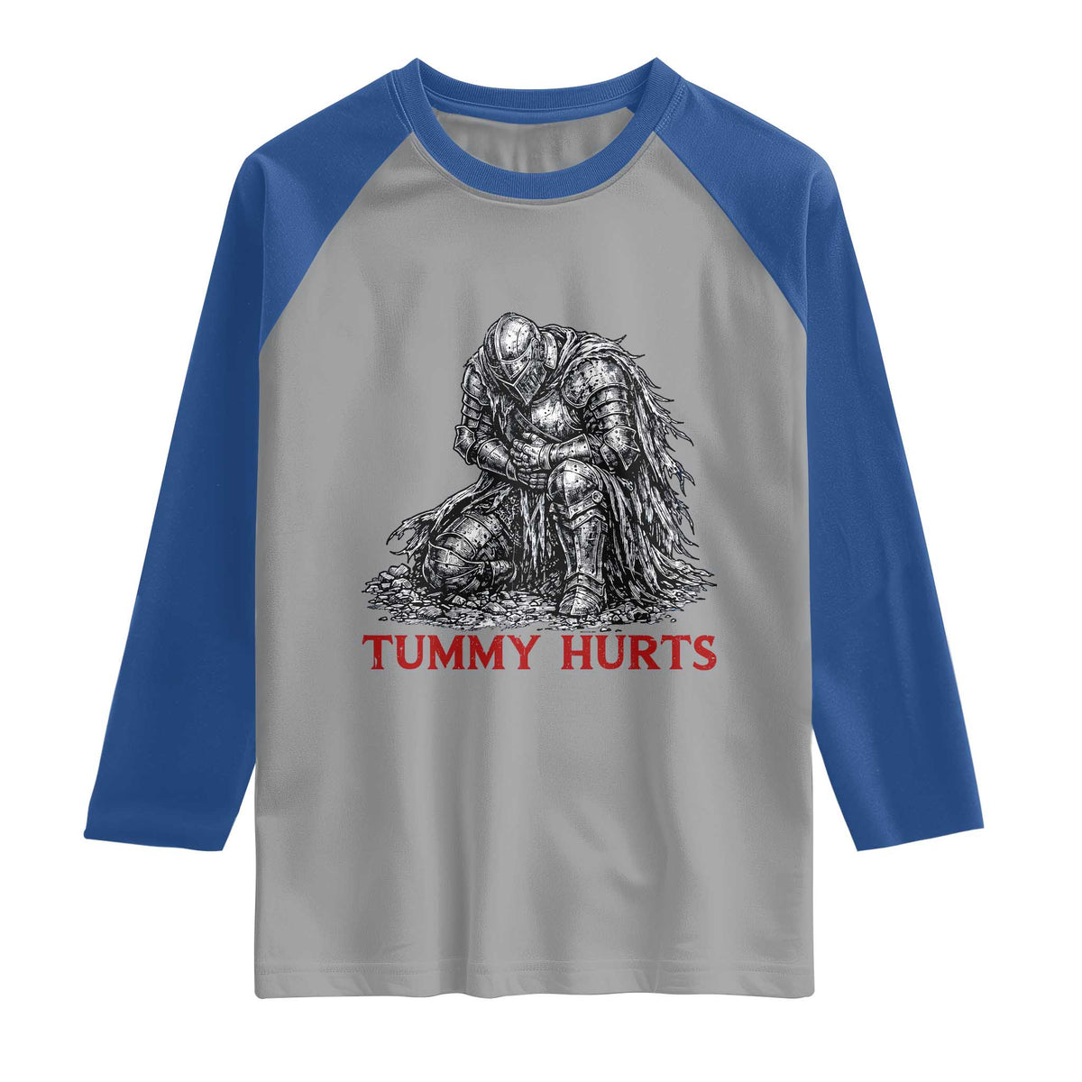 Funny Tummy Hurts Medieval Knight Raglan Shirt Dark Fantasy Warrior Meme Graphic