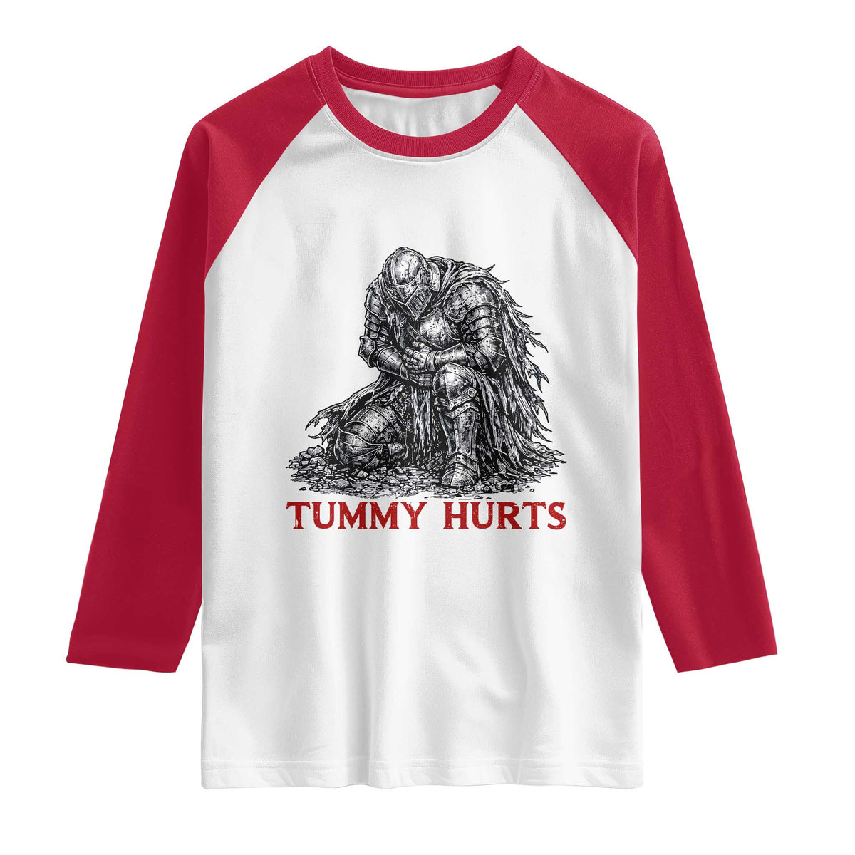 Funny Tummy Hurts Medieval Knight Raglan Shirt Dark Fantasy Warrior Meme Graphic